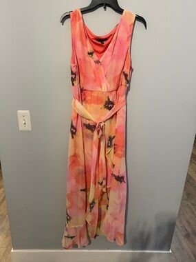 Sleeveless Pink & Peach Watercolor wedding guest Dress with Tie Waist